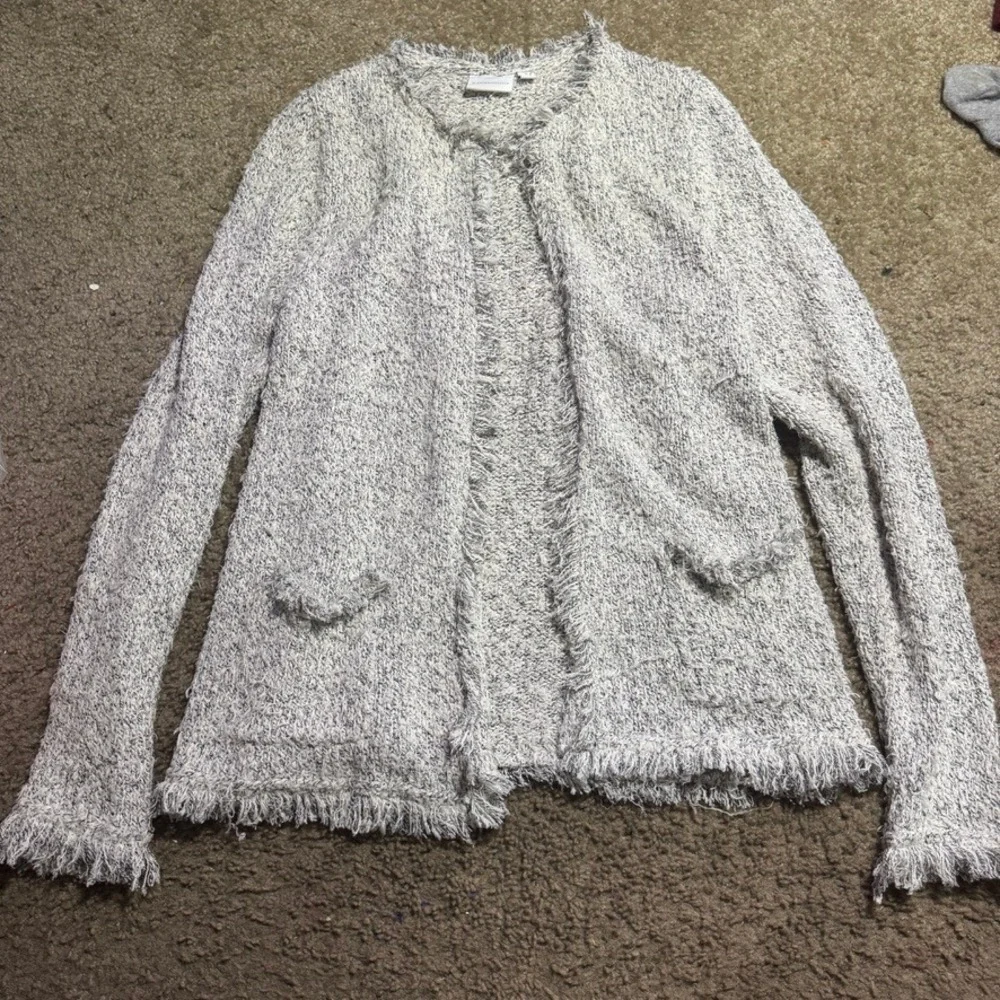 Ett Twa Anthropologie‎ Grey White Marled Fringe Open Front Knit Cardigan Medium
